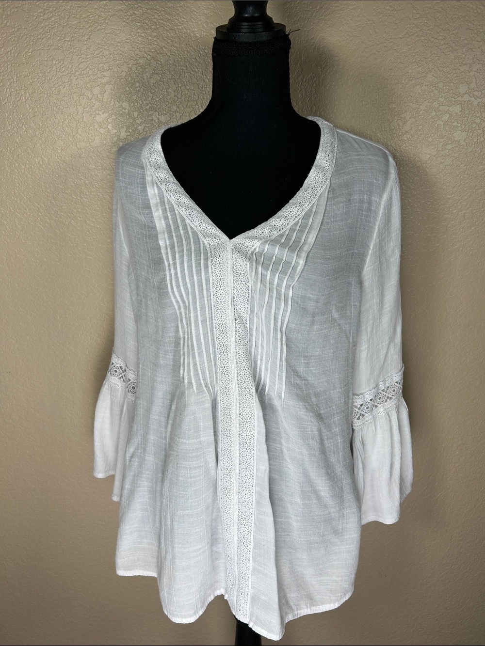 Counterparts White Lace Trim Pintuck V-Neck Tunic XL Boho Cottagecore
